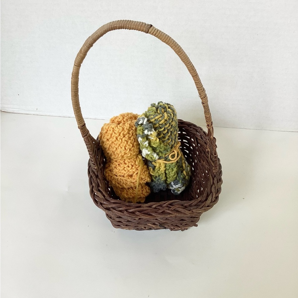 Dishcloth Washcloth Hand Crafted Gold Green Knit Cotton Rustic - Picture 2 of 16